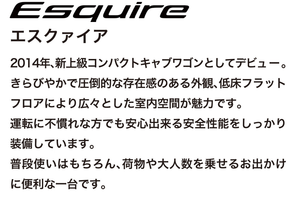 上級コンパクトミニバン、エスクァイアの車両概要ページです。ボディタイプ/乗車定員/車両本体価格/総排気量/駆動/燃費/お支払い例を掲載しております。