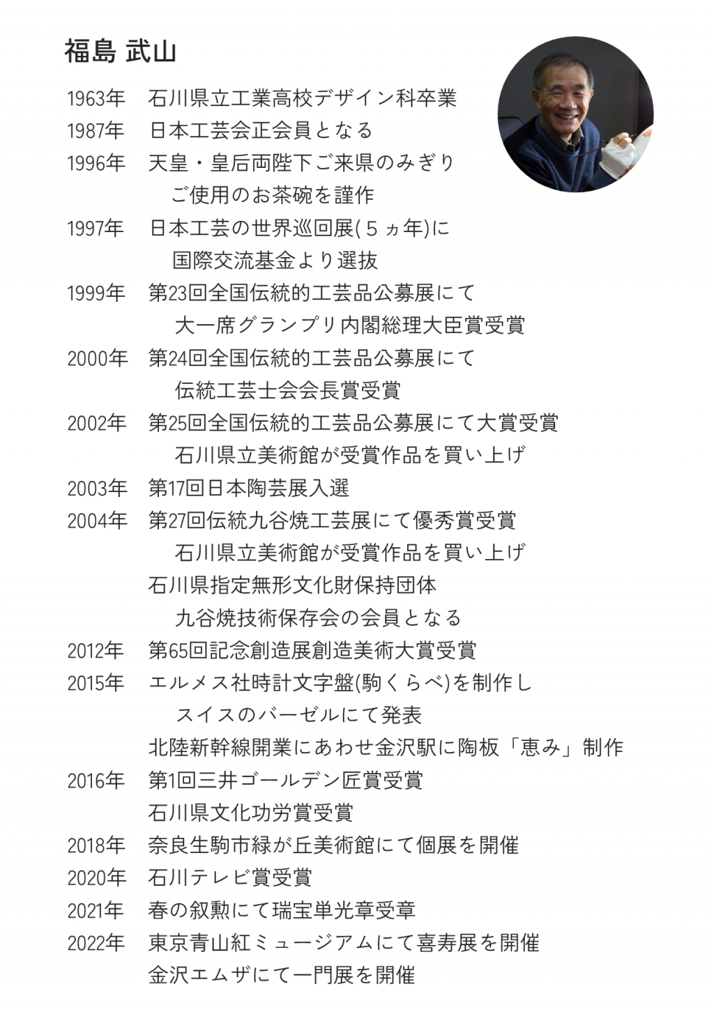 福島武山1963年石川県立工業高校デザイン科卒業1987年日本工芸会正会員となる1996年天皇・皇后両陛下ご来県のみぎりご使用のお茶碗を謹作1997年日本工芸の世界巡回展(5ヵ年)に国際交流基金より選抜1999年第23回全国伝統的工芸品公募展にて大一席グランプリ内閣総理大臣賞受賞2000年第24回全国伝統的工芸品公募展にて伝統工芸士会会長賞受賞2002年第25回全国伝統的工芸品公募展にて大賞受賞石川県立美術館が受賞作品を買い上げ2003年第17回日本陶芸展入選2004年第27回伝統九谷焼工芸展にて優秀賞受賞石川県立美術館が受賞作品を買い上げ石川県指定無形文化財保持団体九谷焼技術保存会の会員となる2012年第65回記念創造展創造美術大賞受賞2015年エルメス社時計文字盤(駒くらべ)を制作しスイスのバーゼルにて発表北陸新幹線開業にあわせ金沢駅に陶板「恵み」制作2016年第1回三井ゴールデン匠賞受賞石川県文化功労賞受賞2018年奈良生駒市緑が丘美術館にて個展を開催2020年石川テレビ賞受賞2021年春の叙勲にて瑞宝単光章受章2022年東京青山紅ミュージアムにて喜寿展を開催金沢エムザにて一門展を開催